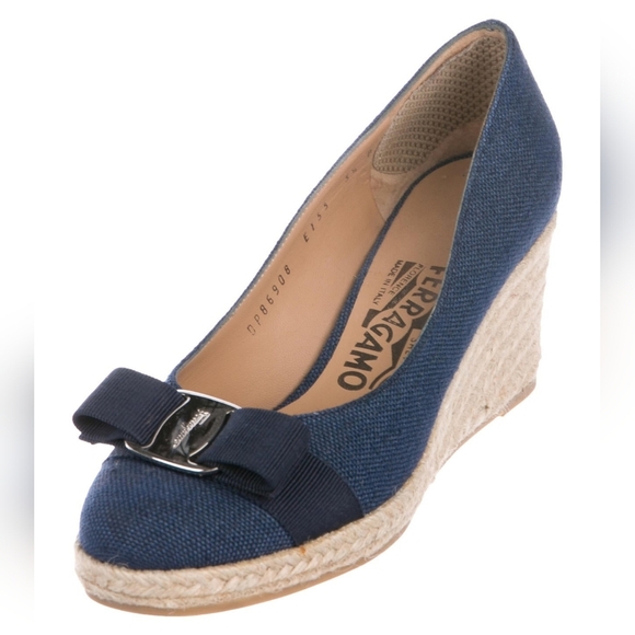 Salvatore Ferragamo Darley Espadrille Blue Denim Wedges Size 5C Women's - Picture 1 of 16